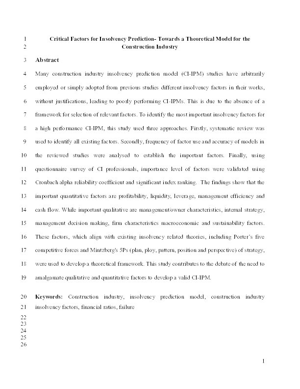 Critical factors for insolvency prediction: Towards a theoretical model for the construction industry Thumbnail