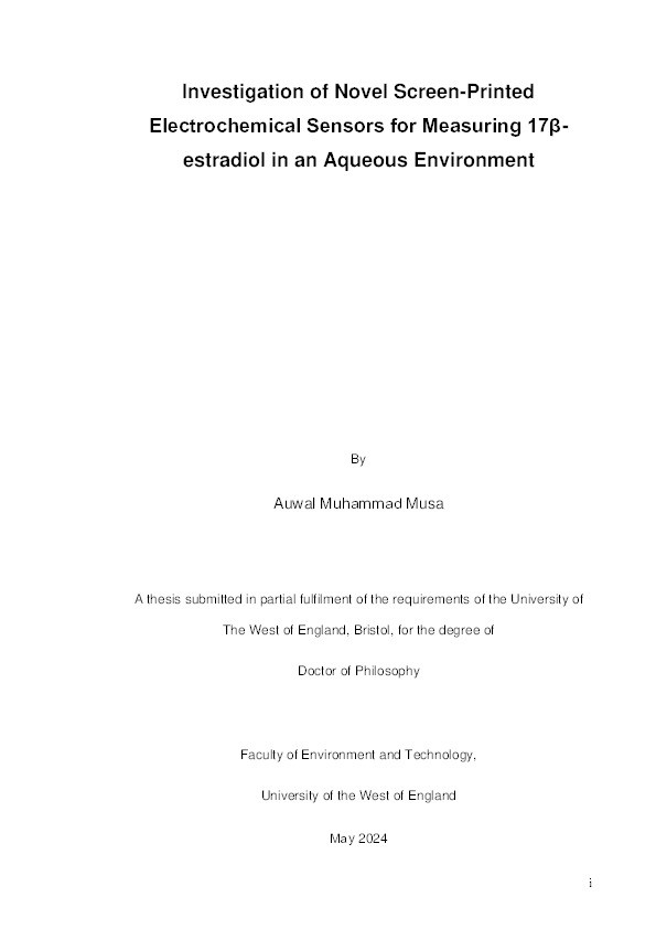 Investigation of novel screen-printed electrochemical sensors for measuring 17-βeta-Estradiol in an aqueous environment Thumbnail