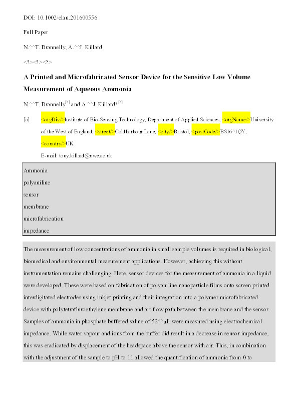 A Printed and Microfabricated Sensor Device for the Sensitive Low Volume Measurement of Aqueous Ammonia Thumbnail