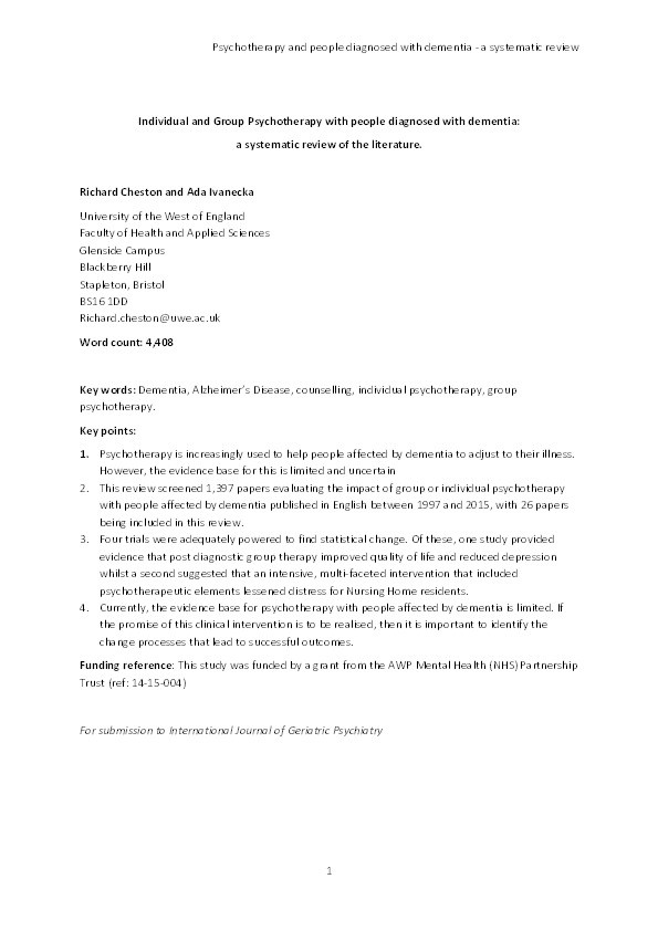 Individual and group psychotherapy with people diagnosed with dementia: a systematic review of the literature Thumbnail