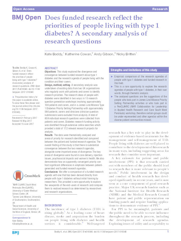 Does funded research reflect the priorities of people living with type 1 diabetes? A secondary analysis of research questions Thumbnail