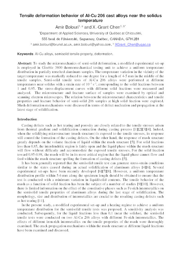 Tensile deformation behavior of Al-Cu 206 cast alloys near the solidus temperature Thumbnail