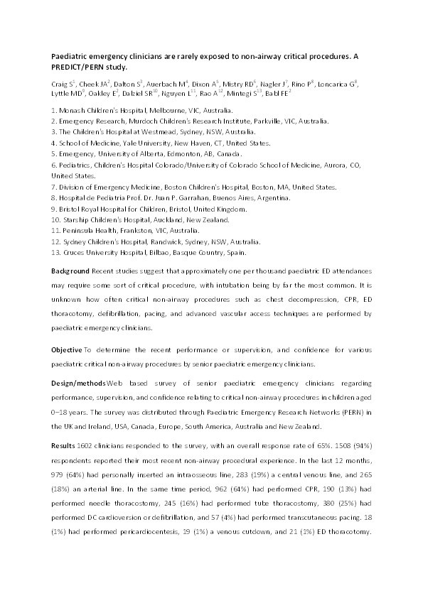 51 Paediatric emergency clinicians are rarely exposed to non-airway critical procedures: a predict/PERN study Thumbnail