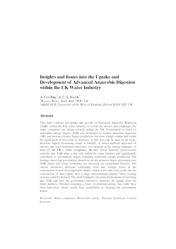 Insights and issues in the uptake and development of advanced anaerobic digestion within the UK water industry Thumbnail