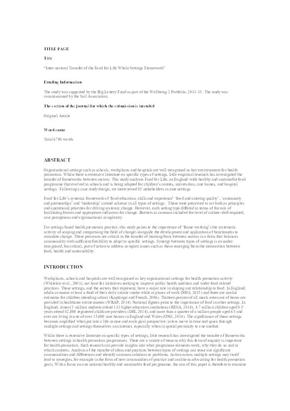 Inter-sectoral Transfer of the Food for Life Settings Framework in England Thumbnail