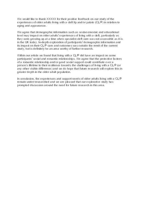 Response to "Older Adults' experiences of living with cleft lip and palate: A qualitative study exploring ageing and appearance" Thumbnail