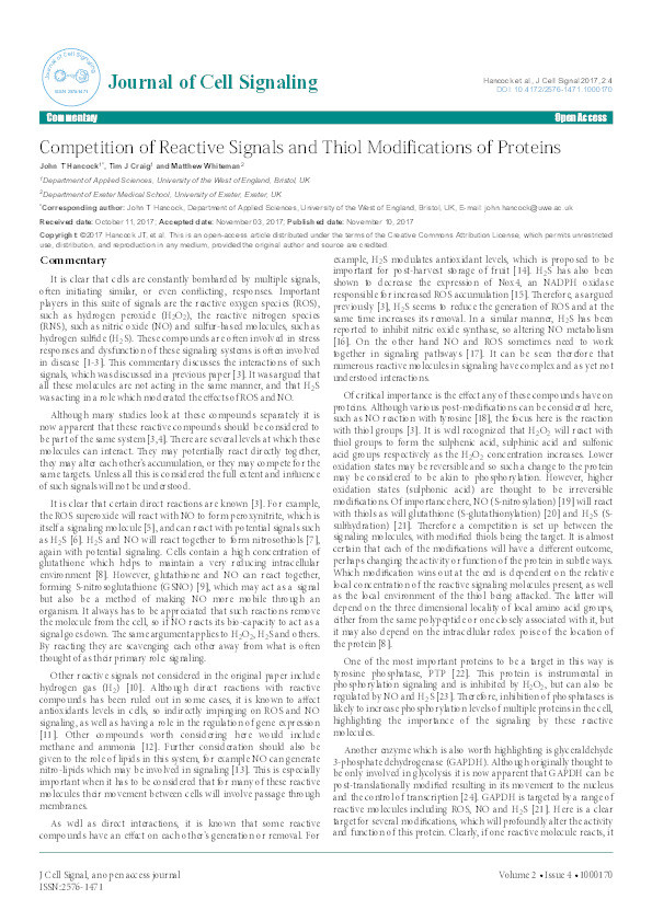 Competition of reactive signals and thiol modifications of proteins Thumbnail