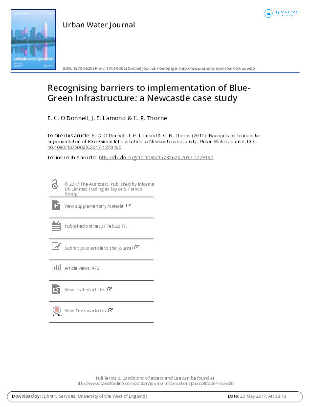 Recognising barriers to implementation of Blue-Green Infrastructure: A Newcastle case study Thumbnail