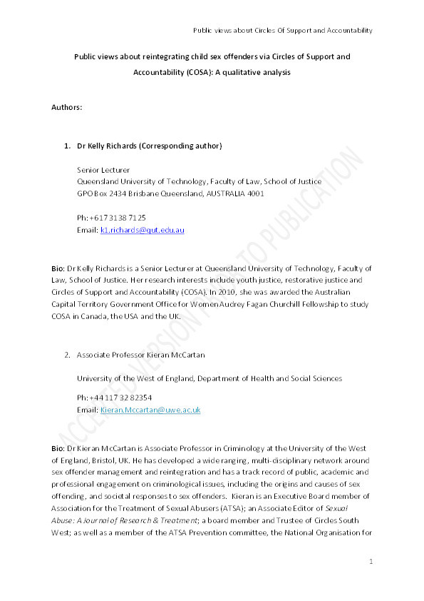 Public Views About Reintegrating Child Sex Offenders via Circles of Support and Accountability (COSA): A Qualitative Analysis Thumbnail