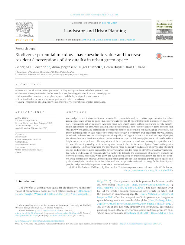 Biodiverse perennial meadows have aesthetic value and increase residents’ perceptions of site quality in urban green-space Thumbnail