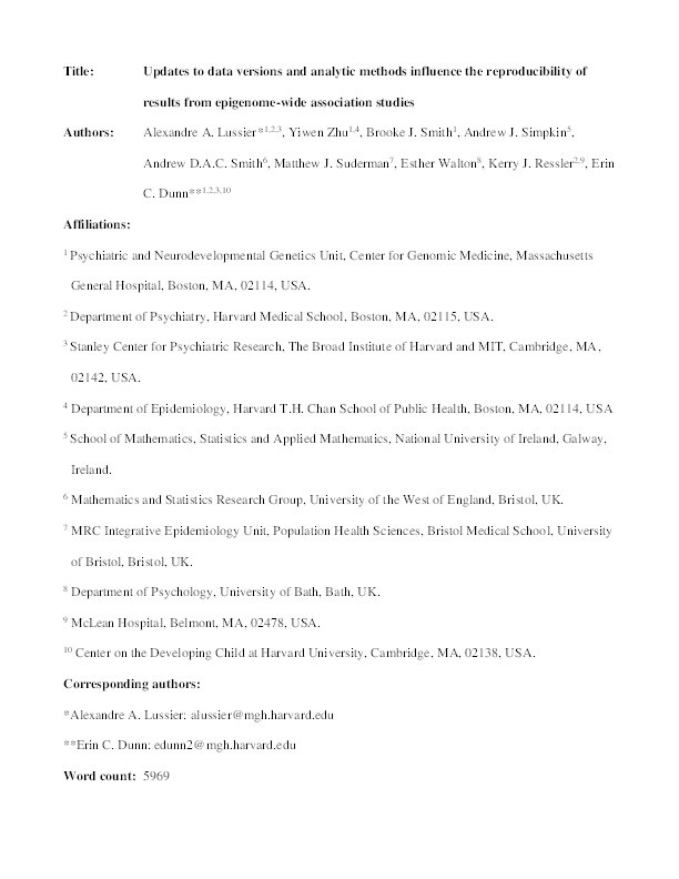 Updates to data versions and analytic methods influence the reproducibility of results from epigenome-wide association studies Thumbnail