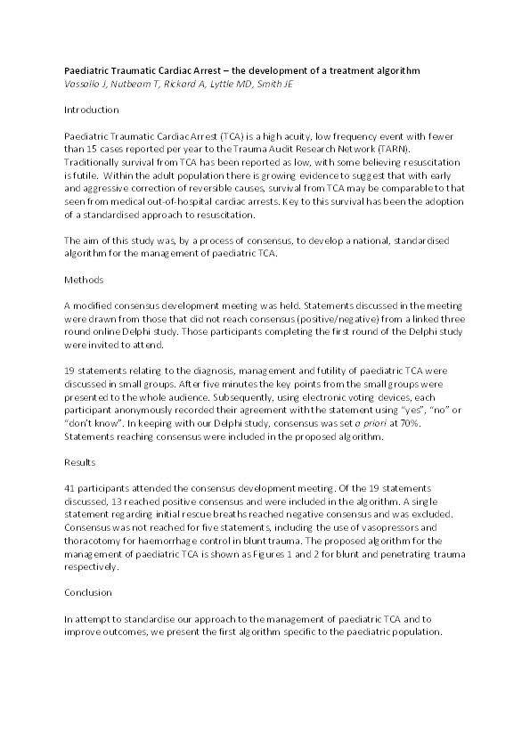 49 Paediatric traumatic cardiac arrest - the development of a treatment algorithm Thumbnail