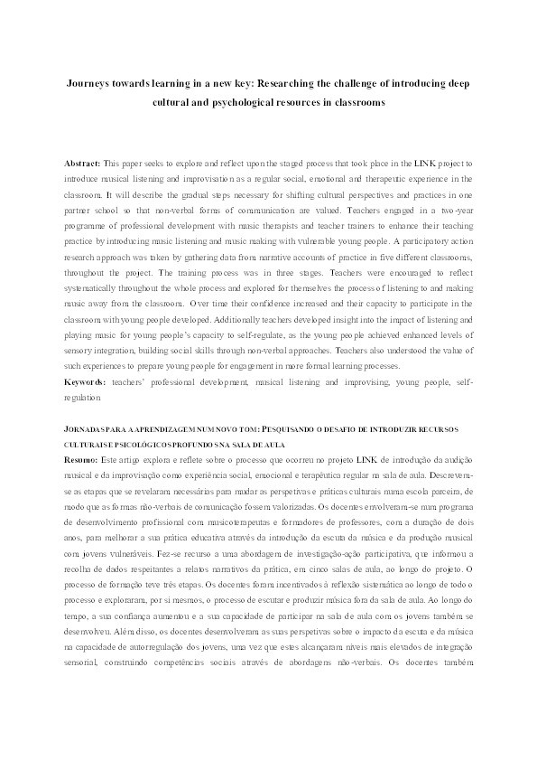 Journeys towards learning in a new key: Researching the challenge of introducing deep cultural and psychological resources in classrooms Thumbnail