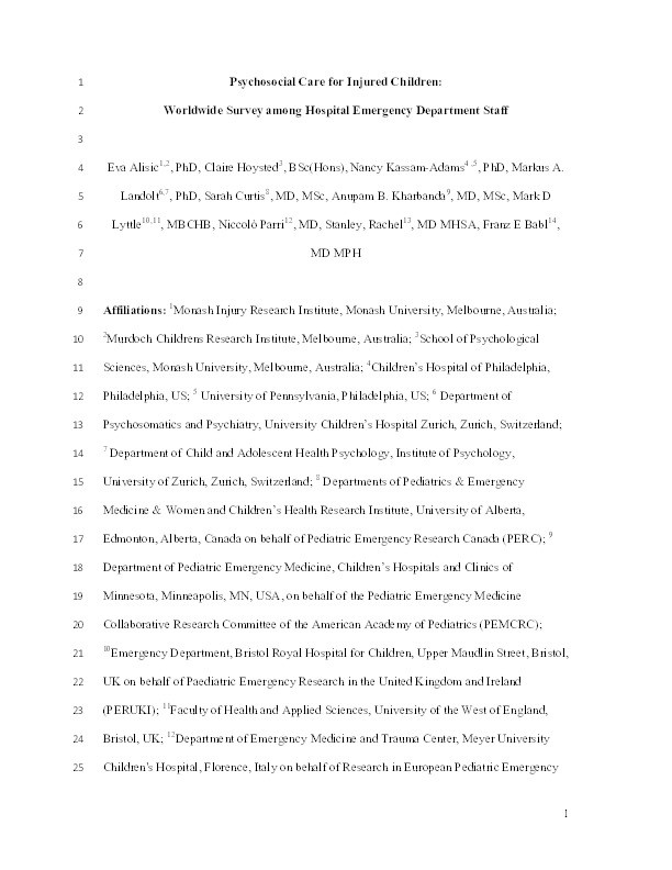 Psychosocial Care for Injured Children: Worldwide Survey among Hospital Emergency Department Staff Thumbnail