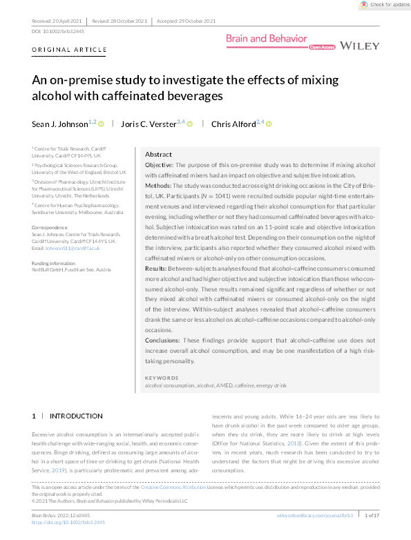 An on-premise study to investigate the effects of mixing alcohol with caffeinated beverages Thumbnail