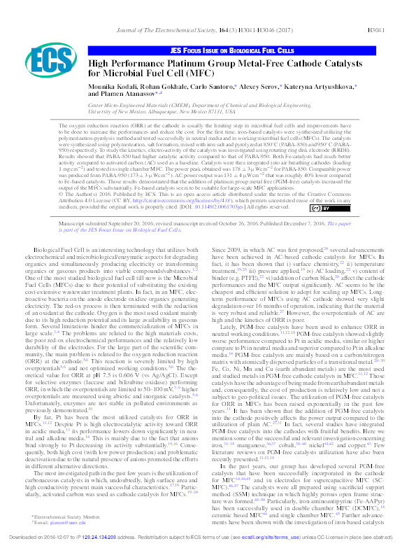 High performance platinum group metal-free cathode catalysts for microbial fuel cell (MFC) Thumbnail