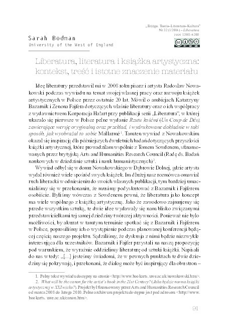 Liberatura, literatura i książka artystyczna: kontekst, treść i istotne znaczenie materiału (Liberature, literature and the artist’s book: Context, content and material meaning) Thumbnail