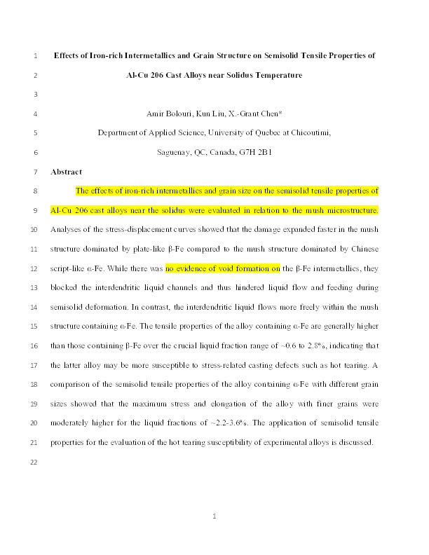 Effects of Iron-Rich Intermetallics and Grain Structure on Semisolid Tensile Properties of Al-Cu 206 Cast Alloys near Solidus Temperature Thumbnail