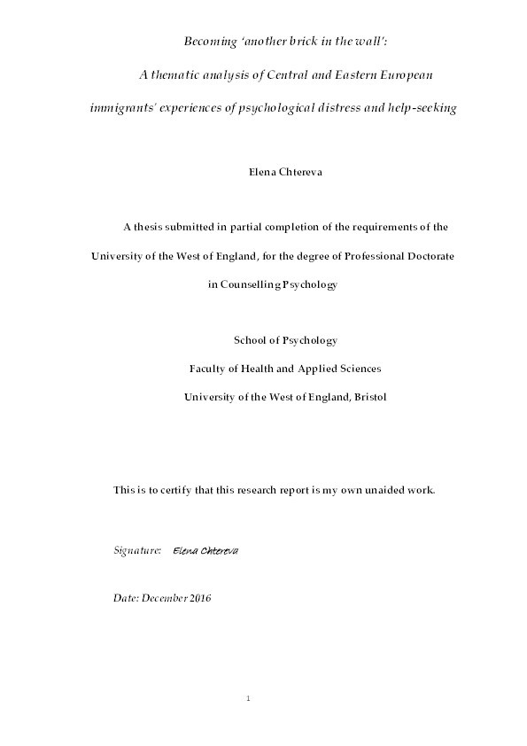 Becoming "another brick in the wall": 
A thematic analysis of Central and Eastern European immigrants' experiences of psychological distress and help-seeking Thumbnail