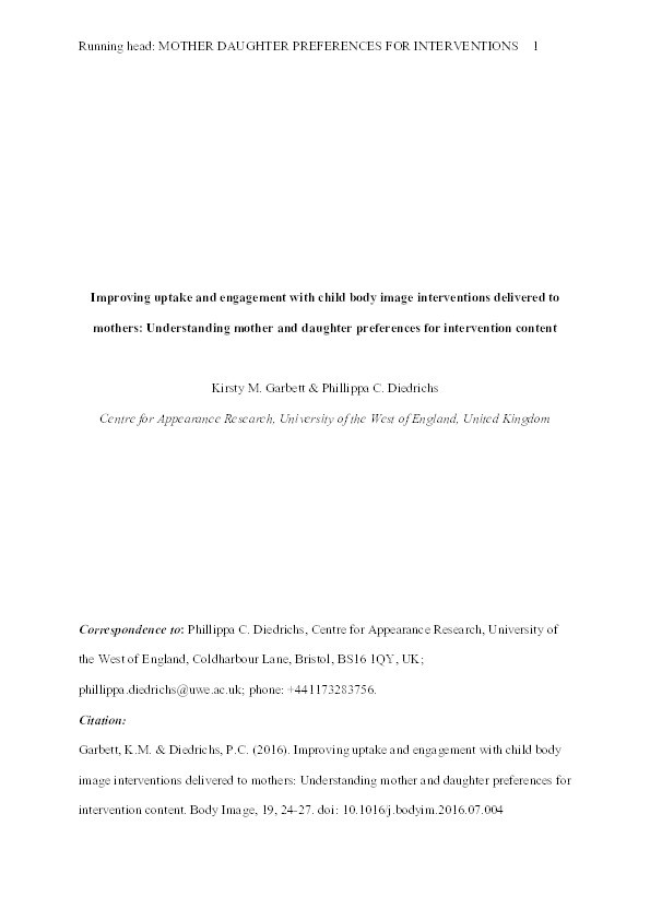 Improving uptake and engagement with child body image interventions delivered to mothers: Understanding mother and daughter preferences for intervention content Thumbnail