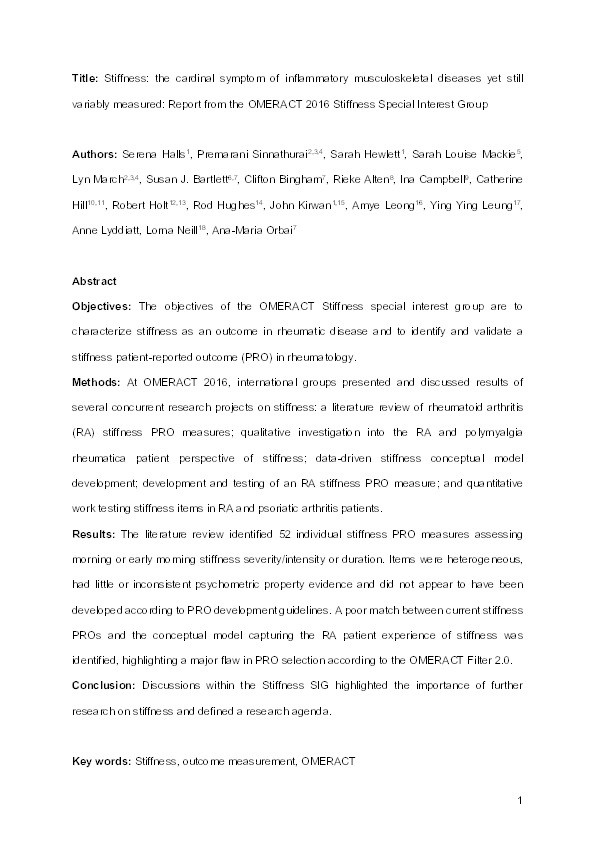 Stiffness is the cardinal symptom of inflammatory musculoskeletal diseases, yet still variably measured: Report from the OMERACT 2016 Stiffness Special Interest Group Thumbnail