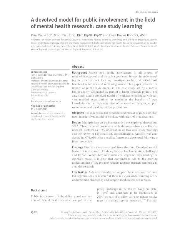 A devolved model for public involvement in the field of mental health research: case study learning Thumbnail