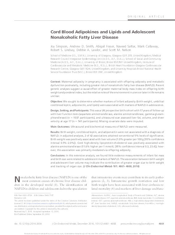 Cord blood adipokines and lipids and adolescent nonalcoholic fatty liver disease Thumbnail