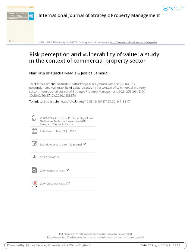 Risk perception and vulnerability of value: a study in the context of commercial property sector Thumbnail