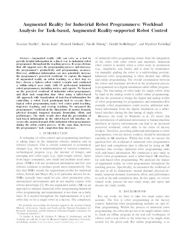 Augmented reality for industrial robot programmers: Workload analysis for task-based, augmented reality-supported robot control Thumbnail