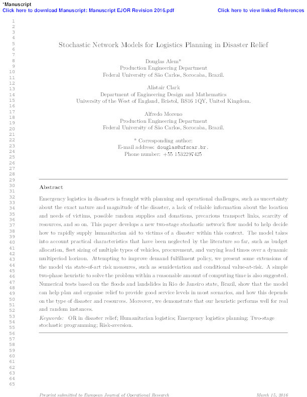 Stochastic network models for logistics planning in disaster relief Thumbnail