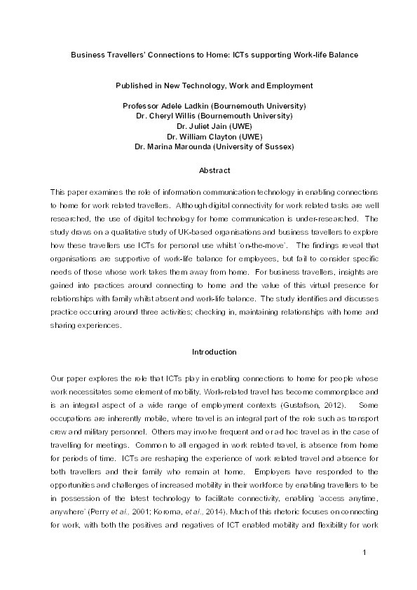 Business travellers' connections to home: ICTs supporting work-life balance Thumbnail