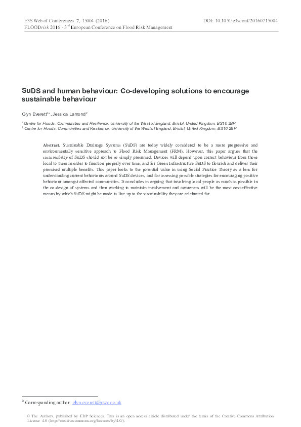 SuDS and human behaviour: Co-developing solutions to encourage sustainable behaviour Thumbnail