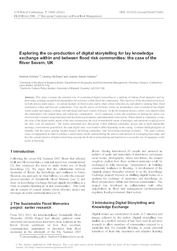 Exploring the co-production of digital storytelling for lay knowledge exchange within and between flood risk communities: The case of the River Severn, UK Thumbnail