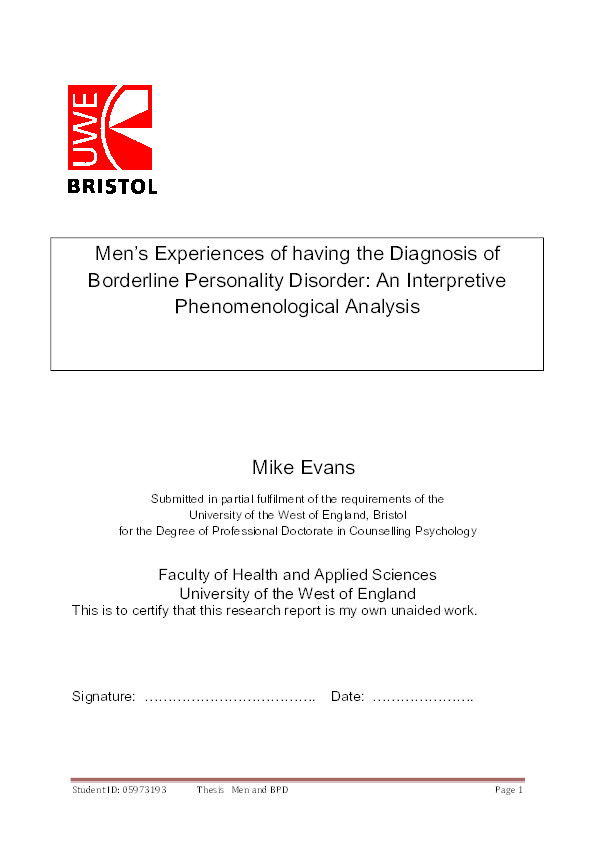 Men's experiences of having the diagnosis of Borderline Personality Disorder: An interpretative phenomenological analysis Thumbnail