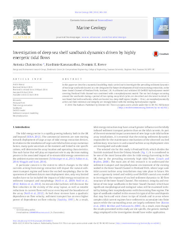 Investigation of deep sea shelf sandbank dynamics driven by highly energetic tidal flows Thumbnail