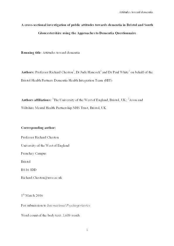 A cross-sectional investigation of public attitudes toward dementia in Bristol and South Gloucestershire using the approaches to dementia questionnaire Thumbnail