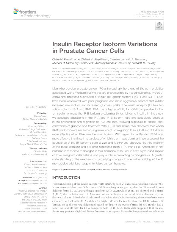 Insulin receptor isoform variations in prostate cancer cells Thumbnail