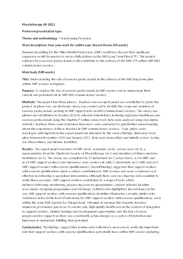 Understanding the role of exercise professionals in the delivery of the NHS long term plan within AHP services in England Thumbnail