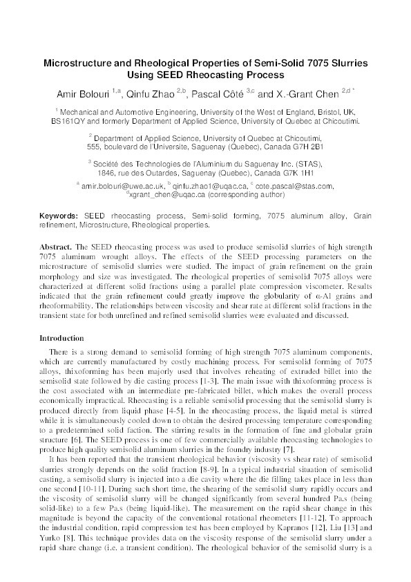 Microstructure and rheological properties of semi-solid 7075 slurries using SEED rheocasting process Thumbnail