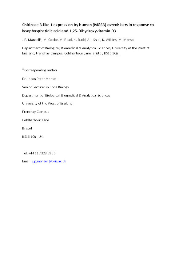 Chitinase 3-like 1 expression by human (MG63) osteoblasts in response to lysophosphatidic acid and 1,25-dihydroxyvitamin D3 Thumbnail