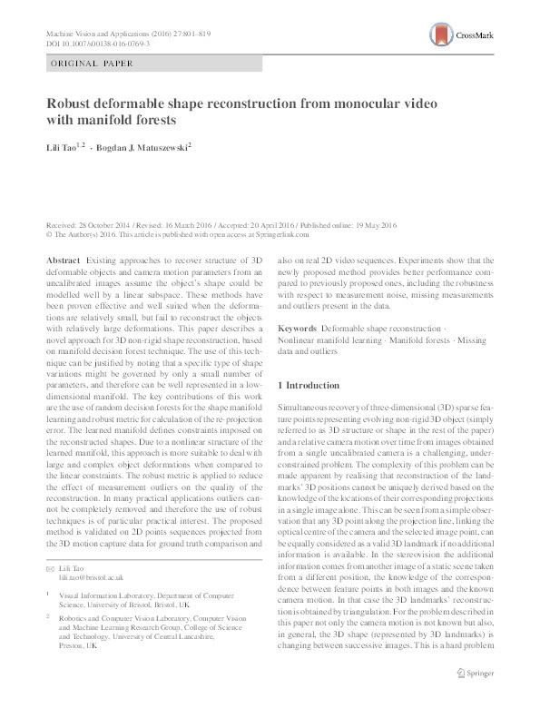 Robust deformable shape reconstruction from monocular video with manifold forests Thumbnail