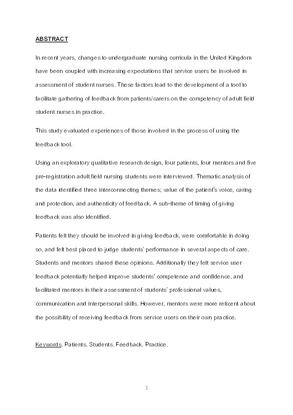 The views of patients, mentors and adult field nursing students on patients' participation in student nurse assessment in practice Thumbnail