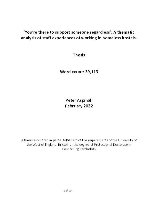 ‘You’re there to support someone regardless’: A thematic analysis of staff experiences of working in homeless hostels Thumbnail