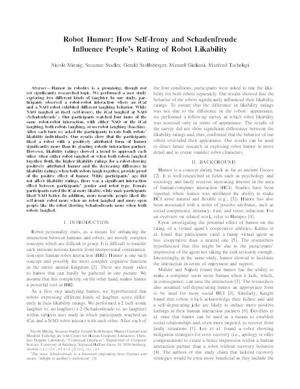 Robot humor: How self-irony and Schadenfreude influence people's rating of robot likability Thumbnail