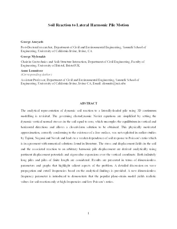 Soil reaction to lateral harmonic pile motion Thumbnail