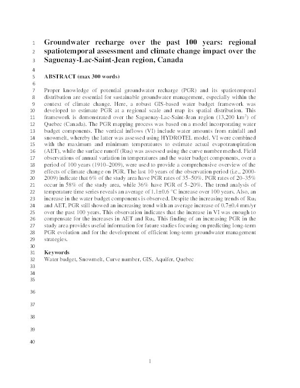 Groundwater recharge over the past 100 years: Regional spatiotemporal assessment and climate change impact over the Saguenay-Lac-Saint-Jean region, Canada Thumbnail