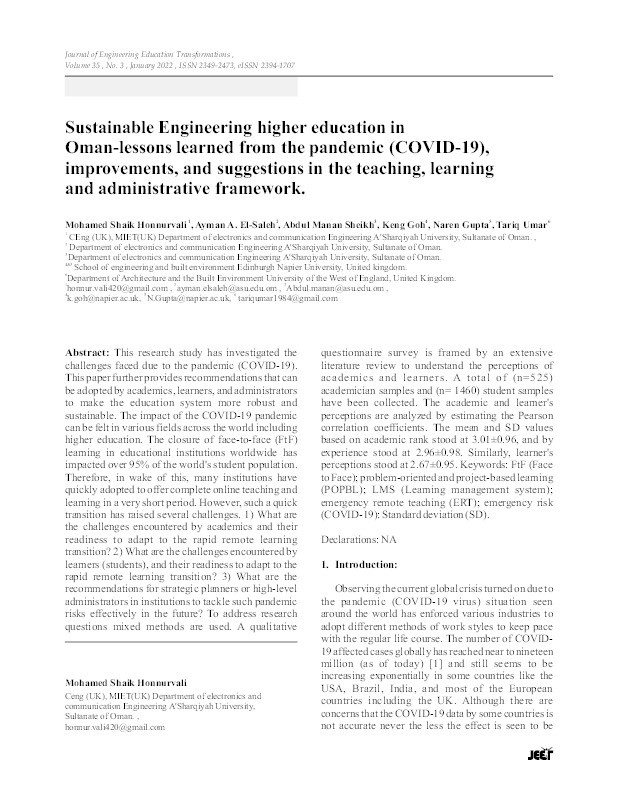 Sustainable engineering higher education in Oman-lessons learned from the pandemic (COVID-19), improvements, and suggestions in the teaching, learning and administrative framework Thumbnail