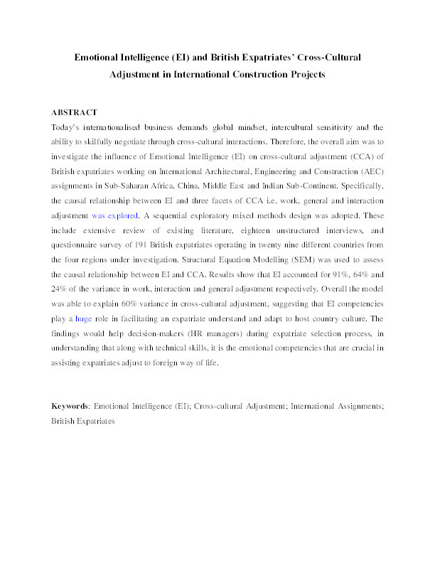 Emotional intelligence and British expatriates’ cross-cultural adjustment in international construction projects Thumbnail