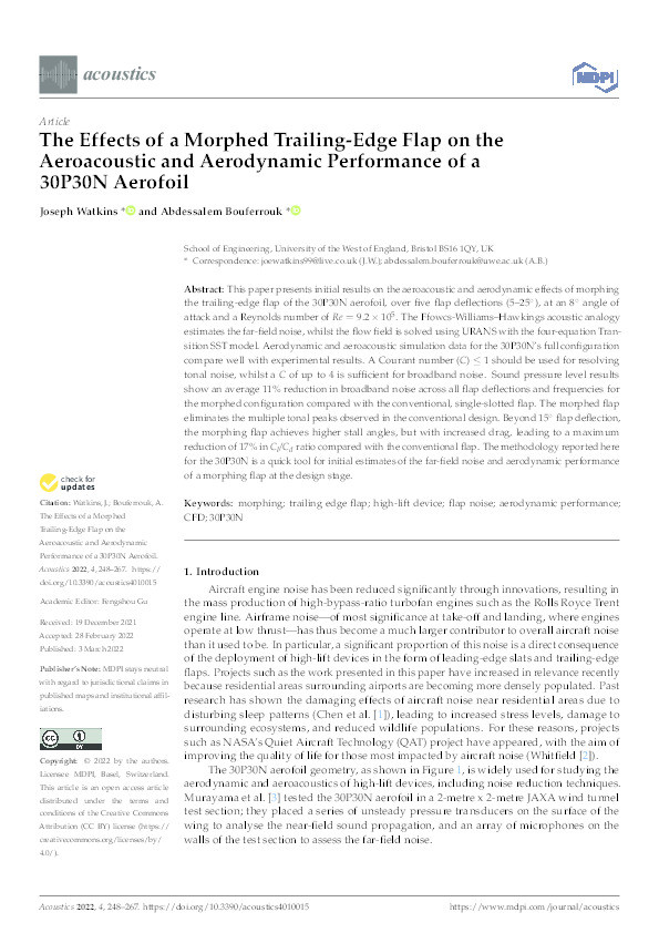 The effects of a morphed trailing-edge flap on the aeroacoustic and aerodynamic performance of a 30P30N Aerofoil Thumbnail