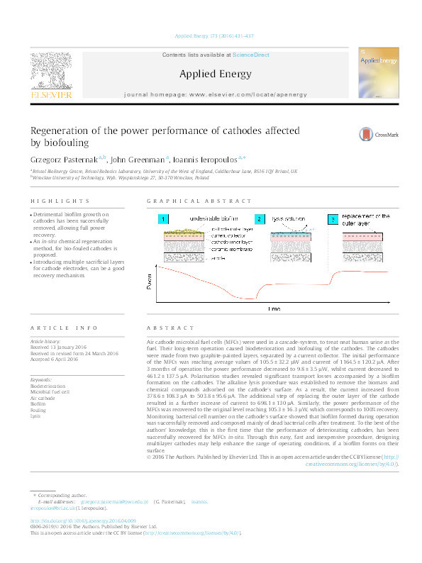 Regeneration of the power performance of cathodes affected by biofouling Thumbnail